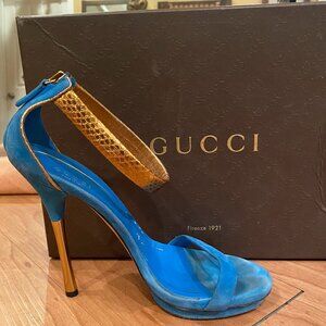 Gucci Aqua Blue Suede Stiletto Sandals with Gold Ankle Strap